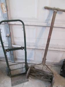 Antique mower, and 2 wheel cart...
