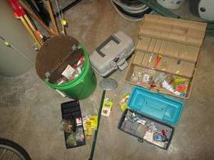Large lot of fishing gear & tackle, Stool, lantern, radio and battery c...