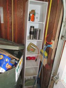 Shelf, yard tools, garage goodies...