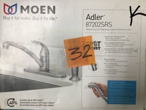 lot 32 image: Moen Adler Single-Handle Low Arc Standard Kitchen Faucet with Side Sprayer in Spot Resist Stainless