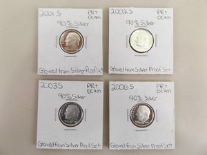 lot 86 image: 4 HIGH GRADE 90% Silver US Mint Proof Roosevelt Dimes
