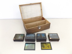 lot 35 image: Lot of 60 Antique Rare COLORED Magic Lantern 4 x 3.25 Glass Slides in Box