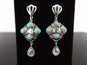 lot 71 image: .925 Sterling Silver Turquoise and Crystal Dangle Post Earrings