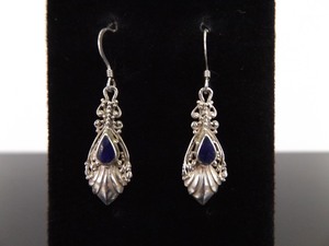 lot 72 image: .925 Sterling Silver Inlayed Lapis Lazuli Art Nouveau Hook Dangle Earrings