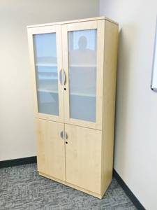 lot 41 image: WOW MSRP $2400 Spectacular & Gorgeous Natural Maple Veneer & Glass Panel 2 Door Storage Closet - Like New Condition