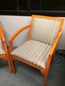 lot 28 image: Impressive Pair High Quality Taylor Chair Company Heavy Duty Executive Office Honey Colored Upholstered Guest Seating Arm Chair - Excellent Condition