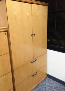 lot 32 image: WOW MSRP $2800 OFS (Office Furniture Solutions) Pulse Executive Office Suite Maple Wood Veneer 2 Door Storage Cabinet With 2 Drawer Lateral Locking Files With Key - Like New Condition