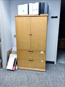 lot 33 image: WOW MSRP $2800 OFS (Office Furniture Solutions) Pulse Executive Office Suite Maple Wood Veneer 2 Door Storage Cabinet With 2 Drawer Lateral Locking Files With Key - Excellent Condition