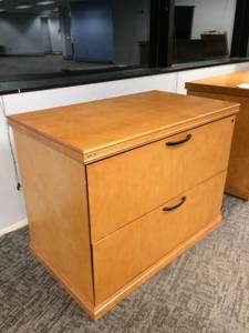 lot 34 image: WOW MSRP $1200 OFS (Office Furniture Solutions) Pulse Executive Office Suite Maple Wood Veneer 2 Drawer Locking Lateral File Cabinet With Key - Like New Condition