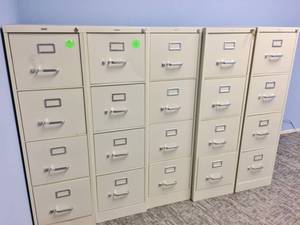 lot 48 image: Lot of 5 Metal Office File Cabinets HON, & Other brand names