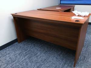 lot 46 image: New Never Used Stored In Closet MSRP $300 Each Lot Of 7 Bush Furniture Cherry Wood Laminate Double Pedestal Oversized Desks With Room For Guest Seating