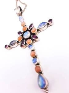lot 59 image: Multi-Gem Large Cross Estate Necklace in Sterling Silver