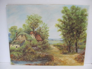 lot 21 image: Signed Vintage Country Cottage Scene Oil on Canvas Painting