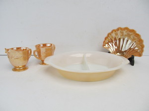 lot 34 image: Vintage FIRE KING Peach Luster Cream & Sugar wServing Pieces