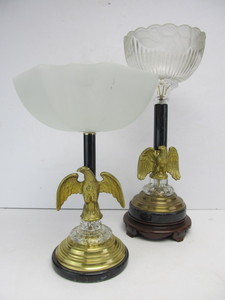 lot 102 image: 2 Vintage Brass Eagle Pedestal Stands wGlass BowlsShades