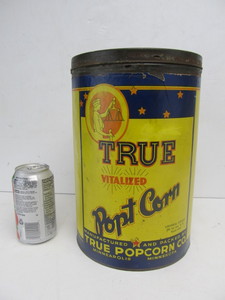lot 7 image: Large Vintage TRUE POPCORN Advertising Can wLid