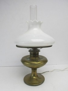 lot 163 image: Antique Brass Oil Lamp wWhite Glass Shade - Electrified