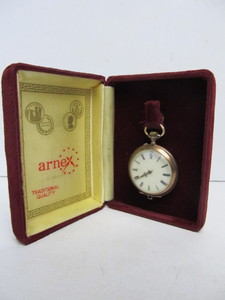 lot 188 image: Vintage Ladies ARNEX 10 Jewel Gold Plated Pocket Watch w Original Case