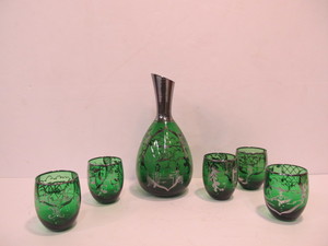 lot 219 image: Nice Vintage Silver Overlay Bohemian Glass Decanter Set wGlasses