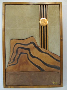 lot 222 image: Very Nice Large Hand Made Genuine LeatherSuede & Brass Southwestern Textured Artwork