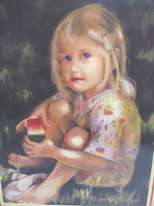 lot 254 image: Hand Signed & Numbered JIM GEISINGER (MN Artist) Framed Print - Girl with Watermelon