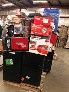 lot 123 image: Pallet with big box items from major retailer. They are customer returns. Some of the contents of this pallets are LINCOLN  welder , Paslode tools, milwaukee tools and more aprox retail $ 5000