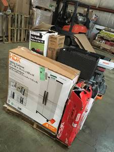 lot 122 image: Pallet with big box items from major retailer. They are customer returns. Some of the contents of this pallets are Ridgid Tile saw, Mail box, Plastics Bins, milwaukee Shelfs and more retail Aprox $ 1500