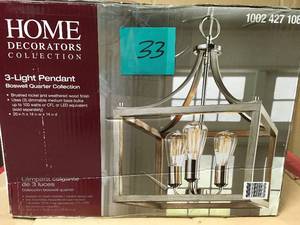 lot 33 image: Boswell Quarter 14 in. 3-Light Brushed Nickel Dining Room Table with Painted Weathered Gray Wood Accents not used open box