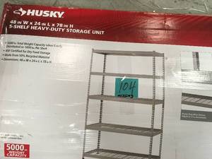 lot 104 image: 78 in. H x 48 in. W x 24 in. D 5 Shelf Steel Unit in good condition