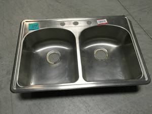 lot 109 image: Glacier Bay All-in-One Drop-In Stainless Steel 33 in. 3-Hole Double Bowl Kitchen Sink PLEASE SEE PIC SMALL DENT DAMAGE