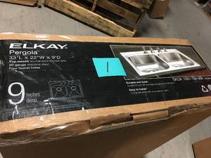 lot 1 image: Elkay Pergola Drop-In Stainless Steel 33 in. 4-Hole Double Bowl Kitchen Sink not used in good condition