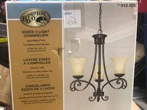 lot 64 image: Essex 3-Light Aged Black Chandelier with Tea Stained Glass Shades not used