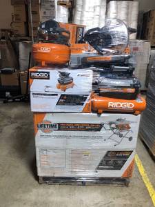 lot 513 image: Pallet of assorted Ridgid Tools Miter Saw, Compressors, Blower, Table saw, Belt Spindle Sanderand and more all custumer returns RETAIL VALUE OVER $3000