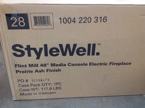 lot 403 image: StyleWell Flint Mill 48in Media Console Electric Fireplace in Beige Brown Oak Finish in good conditions