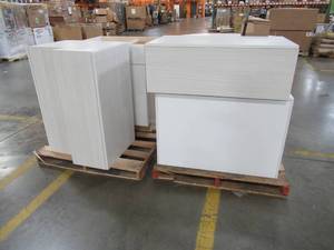 lot 208 image: Kitchen Wall Cabinets and Base in Washed Wood Finish. 1 Base and 5 Wall Cabinets total.