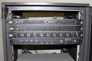 lot 28 image: Pro Audio & Video Equipment Rack with EQs Wireless Microphone Mixers Amplifier and More