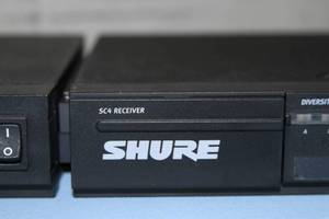 lot 30 image: Shure SC Professional Wireless Microphone Receiver and SM58 Handheld Hand Held Microphone  Transmitter (2 Sets)