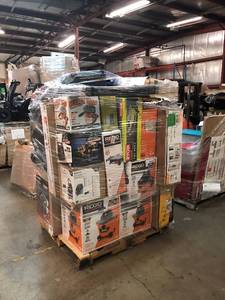 lot 16 image: Pallet with assorted tools and shop equipment, They are customer returns. Some of the contents of this pallets are RIDGID,HUSKY,RYOBI,HDX,DEWALT TOOLS AND MORE RETAIL APROX  MORE OF $2500