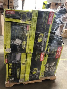 lot 20 image: Pallet with assorted Ryobi Toolls. Customer returns. Some of the contents of this pallets are Sliding Compound Miter Saw,Table Saw and more aprox retail $ 4000