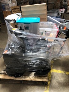 lot 19 image: Pallet with big box items from major retailer. They are customer returns. Some of the contents of this pallets are Snow Blower, Mail box, Plastics Bins, Shelfs and more retail Aprox $ 1000
