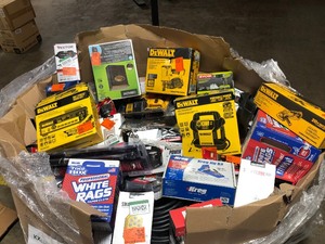 lot 18 image: Gaylord  with big box items from major retailer. They are customer returns. This gaylord includes products with major brands such as Dewalt, Husky Kwikset, Gibraltar and more RETAIL APROX $1500