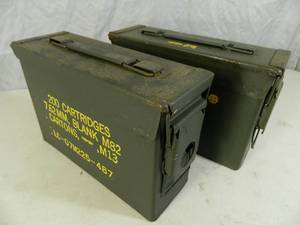 lot 12 image: 2 Military Surplus Metal Ammo Cans  Boxes