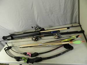 lot 89 image: Bow and Arrows, Pool Cue, Fishing Rods