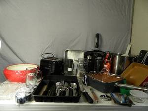 lot 143 image: Copper Pans, Silverware, and More