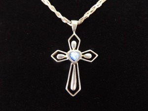 .925 Sterling Silver Blue Chrysoberyl Heart Cross Pendant Necklace