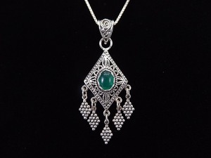 .925 Sterling Silver Green Crystal Cabochon Pendant Necklace