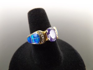 .925 Sterling Silver Inlayed Opal Amethyst Crystal Vermeil Ring Size 7