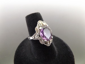 .925 Sterling Silver Art Nouveau Oval Cut Amethyst Ring Size 7