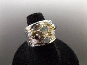 .925 Sterling Silver Moonstone, Garnet, and Amethyst Cabochon Ring Size 7
