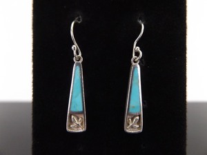 .925 Sterling Silver Inlayed Turquoise Hook Dangle Earrings